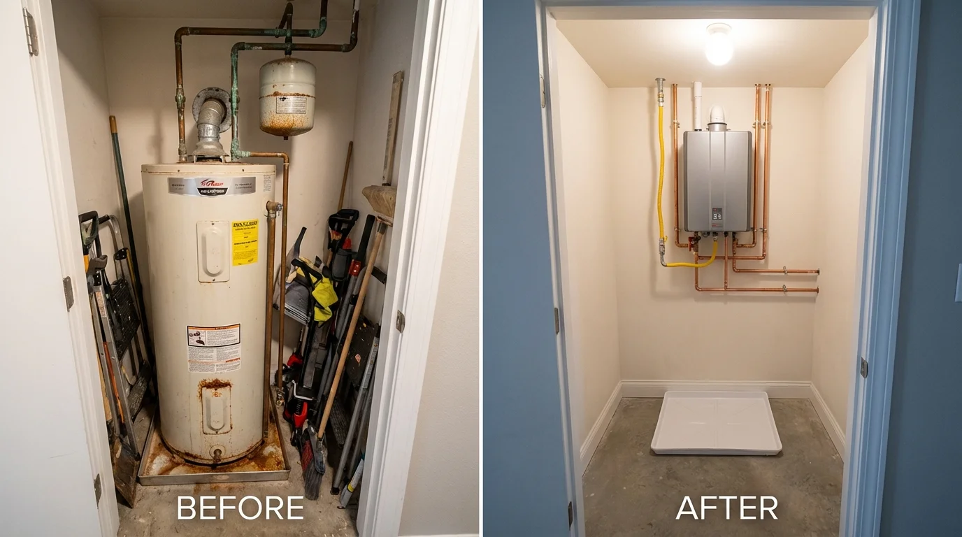 Tank water heater versus wall-mounted tankless unit comparison for Sussex, WI homeowners