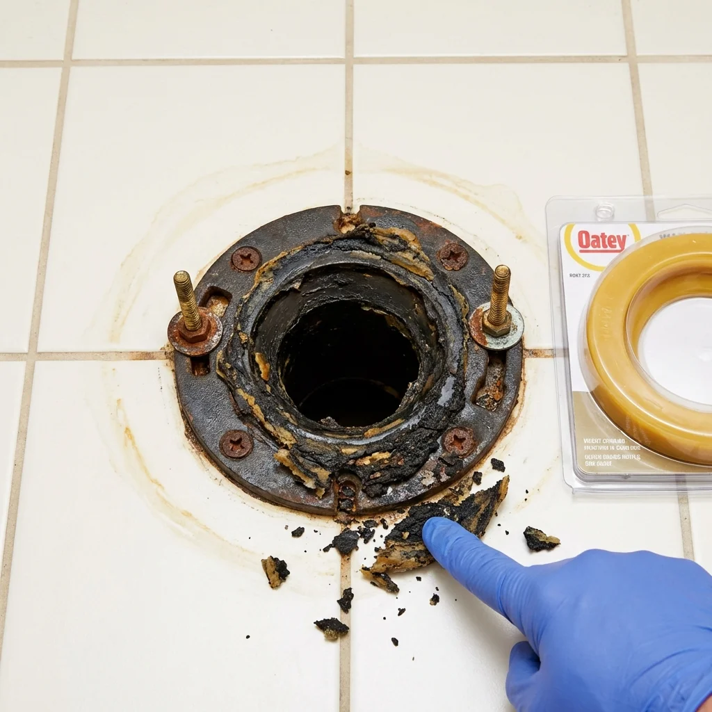 Failed wax ring showing water seepage at the base of a toilet in a Sussex, WI home
