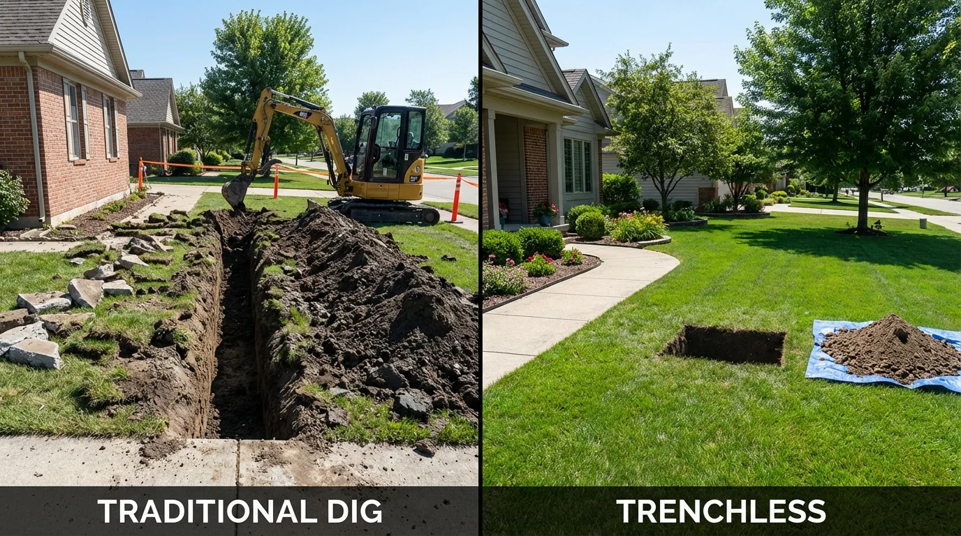 Trenchless sewer repair with minimal yard damage versus traditional excavation in Sussex, WI