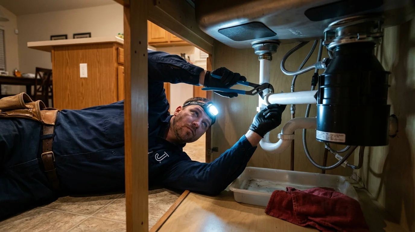 P-trap and supply line connections under a kitchen sink showing a common leak point in Sussex, WI